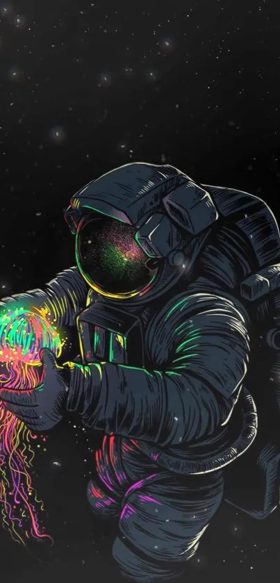 Astronaut holding neon jellyfish in space on a mobile wallpaper.