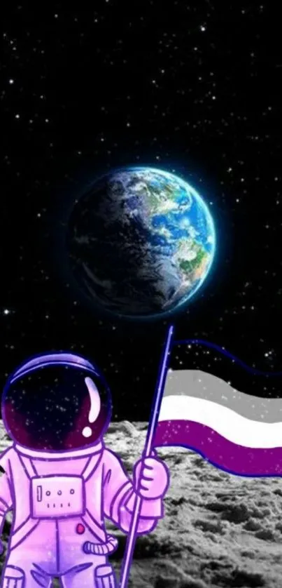 Astronaut with pride flag on moon, Earth in background.