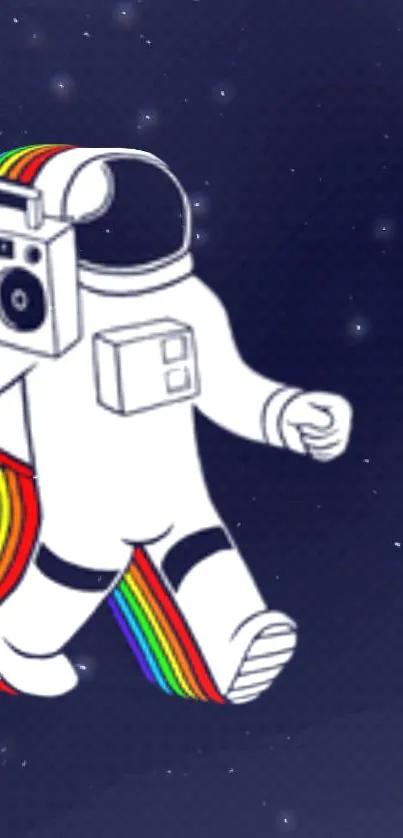 Astronaut with rainbow neon trail on a starry dark blue background.