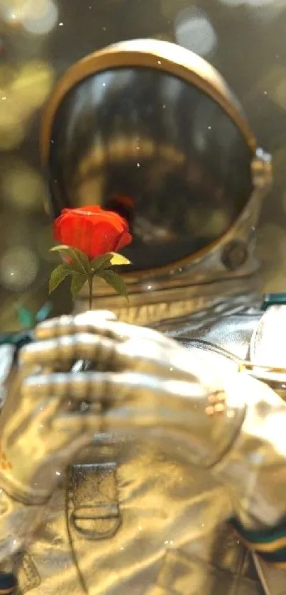 Astronaut in golden suit holding a red rose with blurred background.