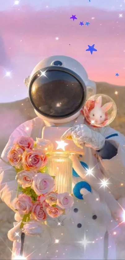 Astronaut holding roses and star lantern with pink sky.