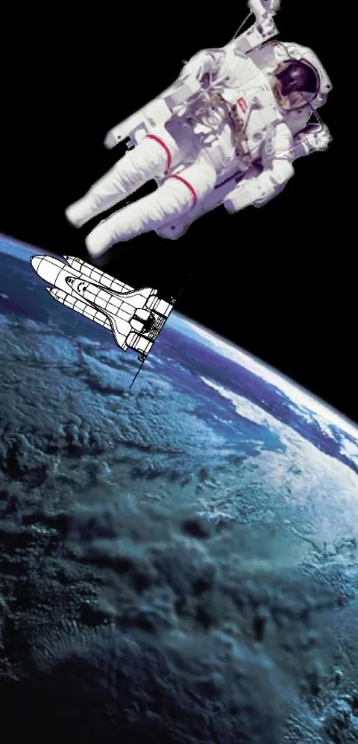 Astronaut floating above Earth with space shuttle.