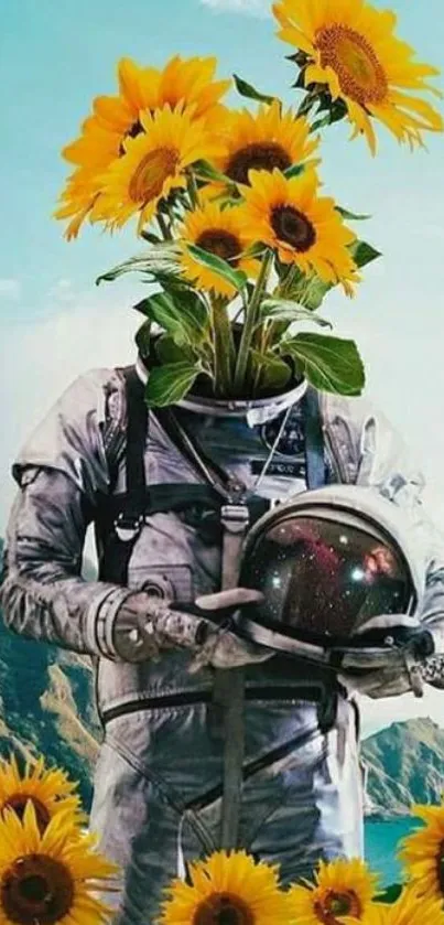 Surreal astronaut with sunflower head in a scenic landscape.