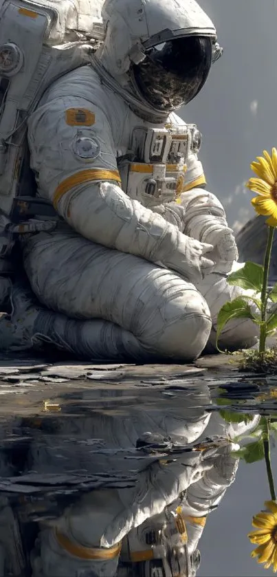 Astronaut kneeling with sunflower reflection.