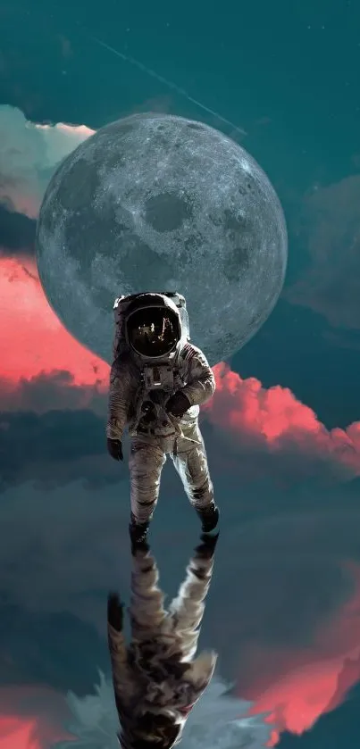 Astronaut with Moon and vibrant clouds in a surreal space scene.