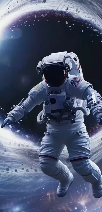 Astronaut floating in a vibrant cosmic vortex.