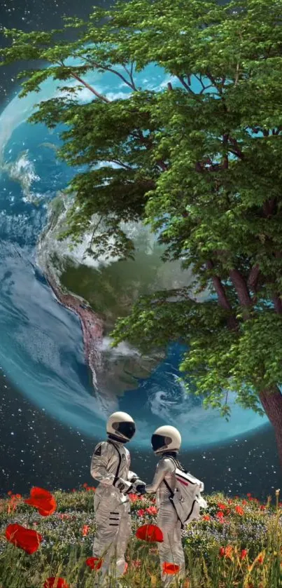 Astronauts exploring under a tree with Earth in the background.