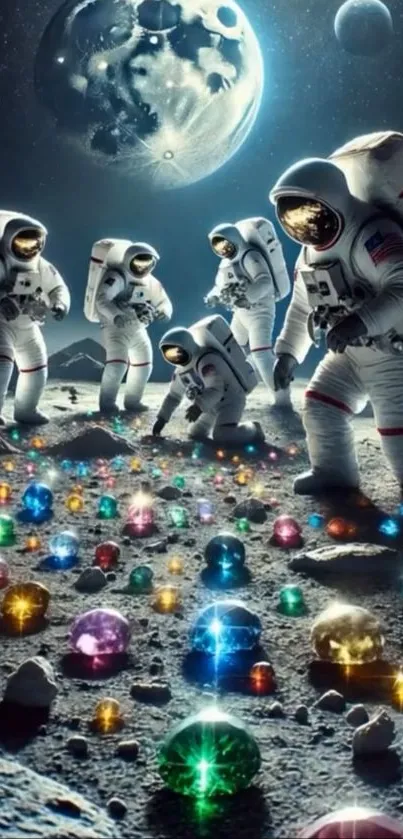 Astronauts collecting colorful gems on the moon under a starry sky.