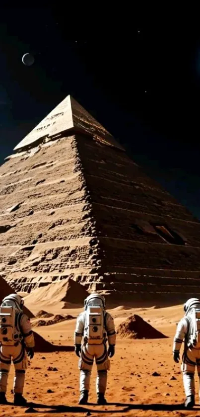 Astronauts standing before a massive pyramid under a cosmic sky with moons.