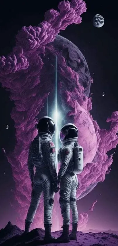 Astronauts in surreal purple cosmic landscape with celestial elements.