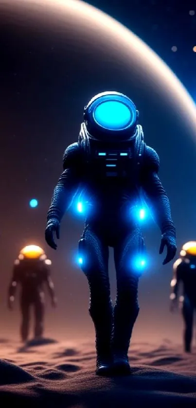 Astronauts exploring alien planet under starry sky.