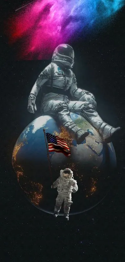 Astronauts exploring Earth with cosmic backdrop on mobile wallpaper.