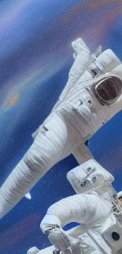 Two astronauts floating in colorful space art.