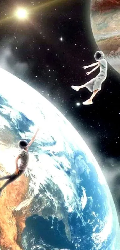Floating astronauts between Earth and Jupiter with cosmic backdrop.