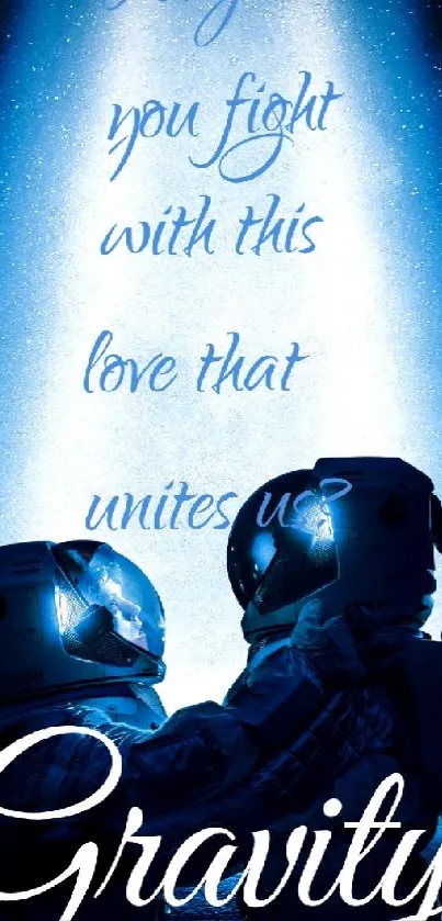 Two astronauts illuminated by blue light with inspiring text backdrop.