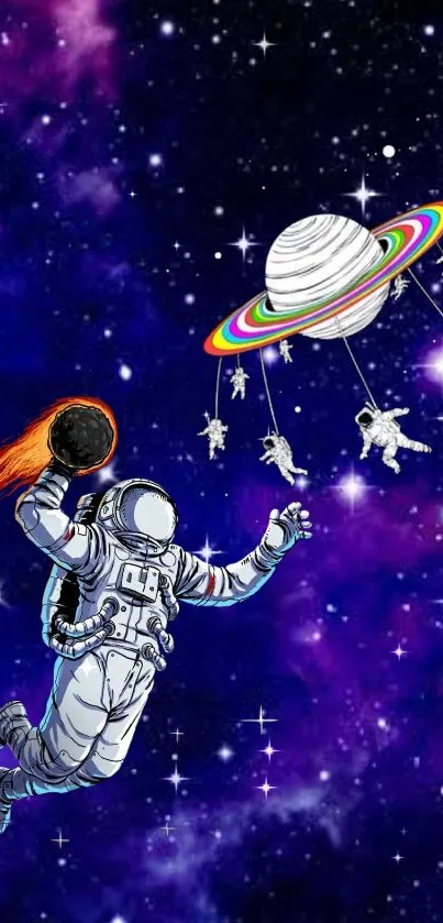 Illustrated astronaut with meteor in colorful cosmic scene with planets.