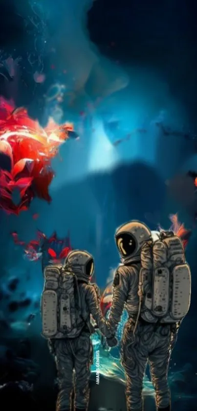 Two astronauts holding hands in a vibrant cosmic scene with dark blue and red hues.