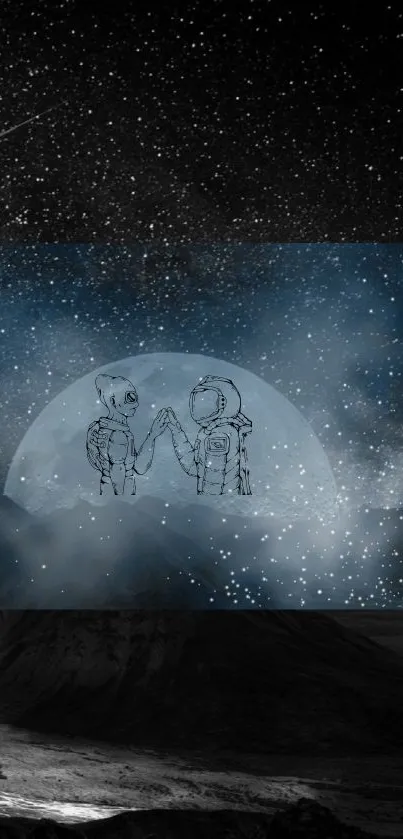 Starry sky with astronauts illustration, cosmic night theme.