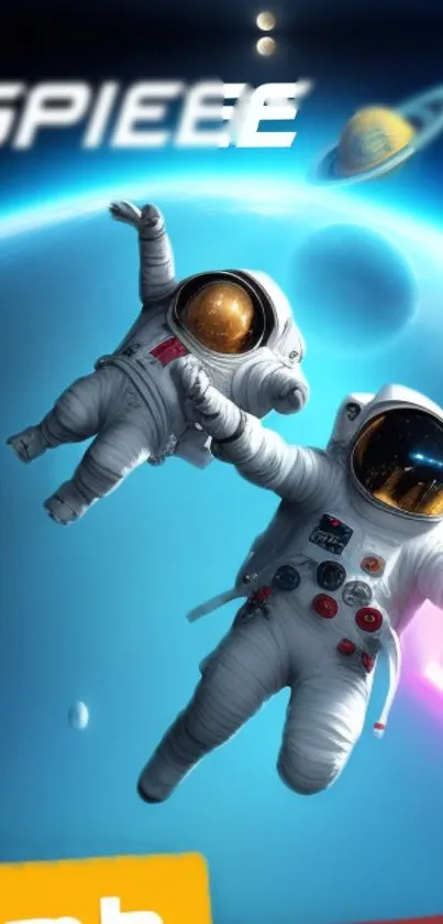 Two astronauts floating in space with planets and stars.