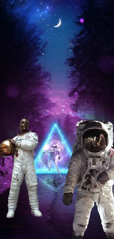 Astronauts exploring a neon-lit forest with a starry night sky.