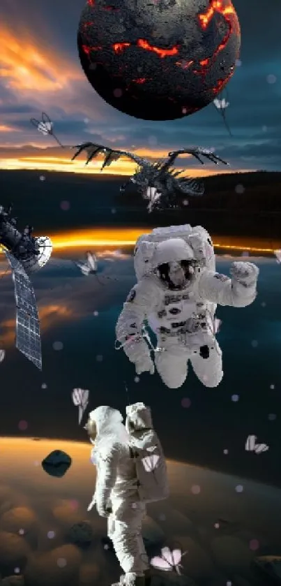 Astronauts float with butterflies and dragon in cosmic space scene.