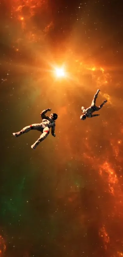 Two astronauts floating in fiery cosmic space.