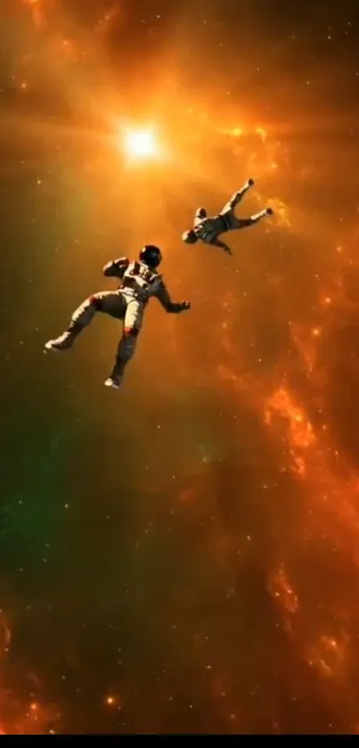 Astronauts float in a vivid orange nebula space scene.