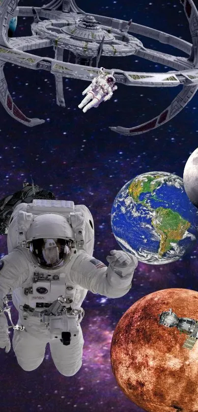 Astronauts exploring space with planets and spacecraft on a cosmic mobile wallpaper.