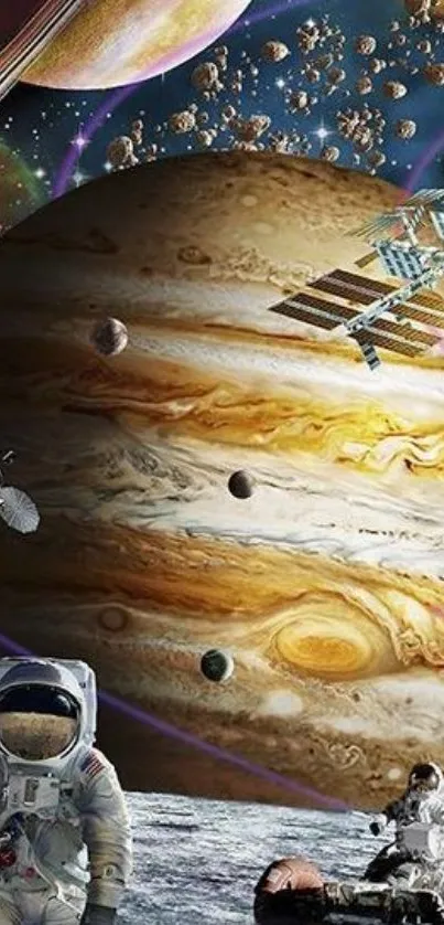 Astronauts and planets in a cosmic space scene with rockets and a space station.