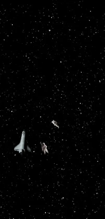 Astronauts float in space against a starry black sky background.