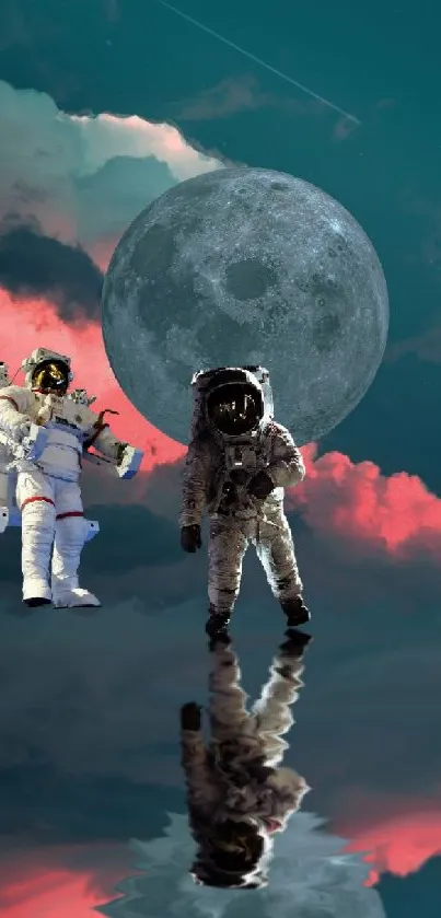 Astronauts under a moonlit sky with reflections on a mobile wallpaper.