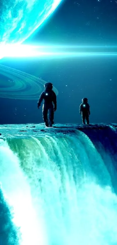 Astronauts exploring a cosmic waterfall in space.