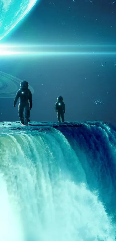 Astronauts walking on a waterfall with planets in the background.