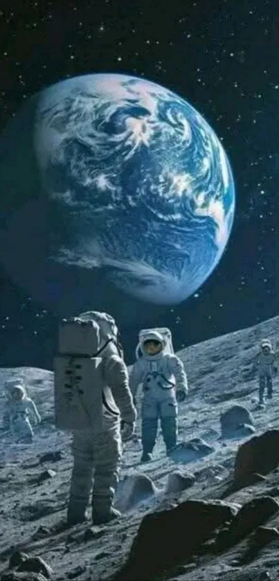 Astronauts on the moon with Earth in the background