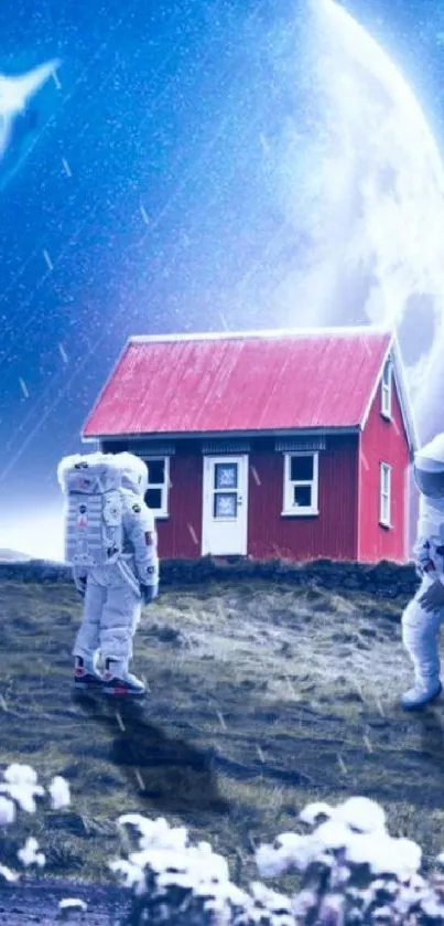 Astronauts exploring surreal landscape with red house and moon.