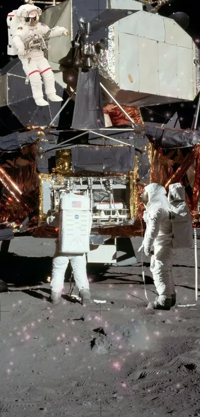 Astronauts on lunar surface with rover and stars.