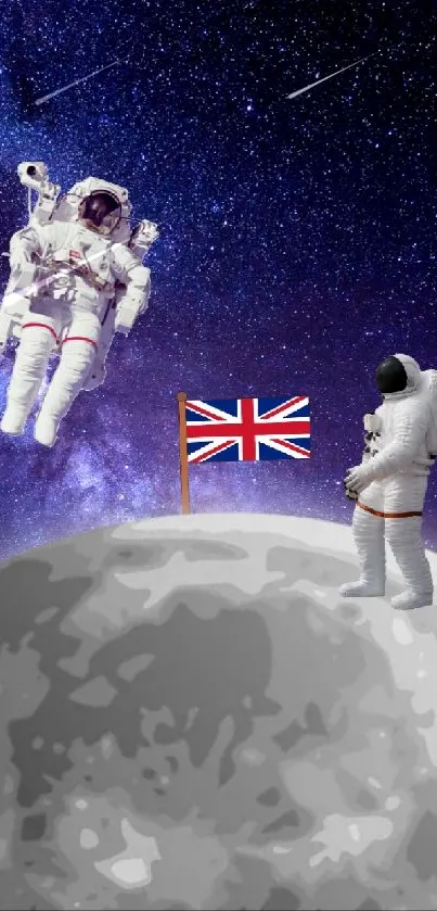 Astronauts on the moon with a British flag under a starry sky.