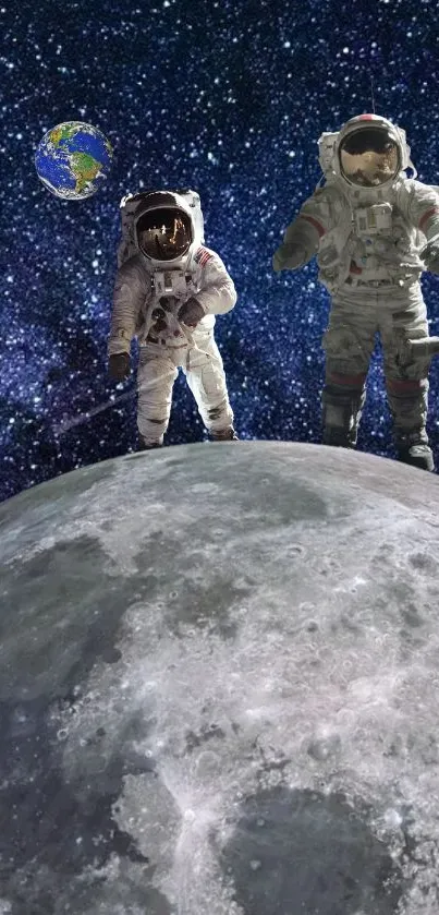 Mobile wallpaper of astronauts standing on lunar surface with Earth in background.