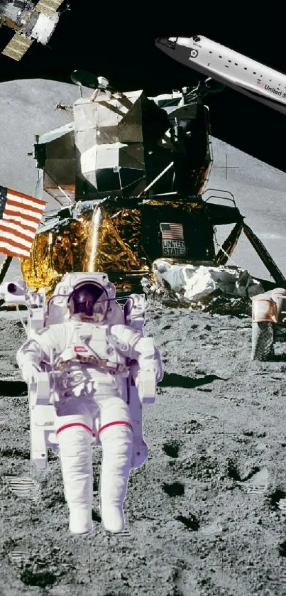 Astronauts on the moon with spacecraft and flag.