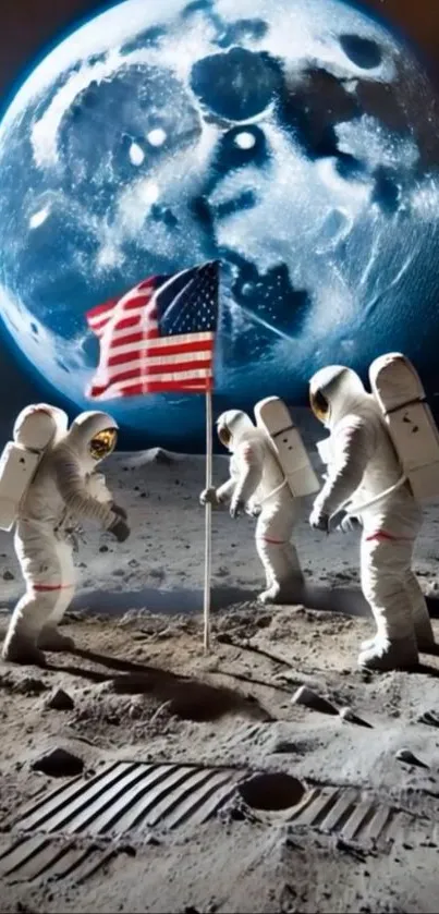 Astronauts planting flag on lunar surface with Earth in background.