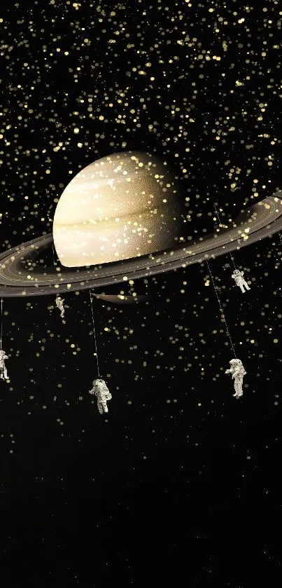 Astronauts float around Saturn in a cosmic art wallpaper.