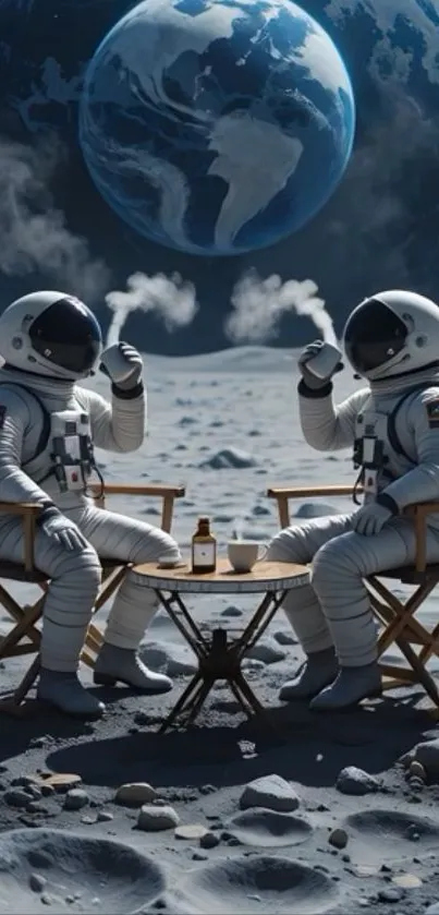 Astronauts seated on the moon with Earth visible.