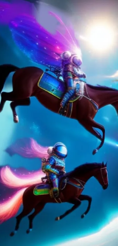 Astronauts riding horses in a colorful space-themed wallpaper.