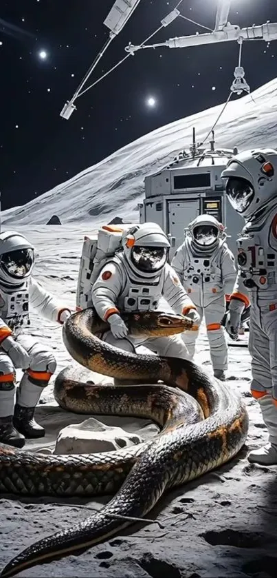 Astronauts on the moon encounter a large python, blending sci-fi and nature.