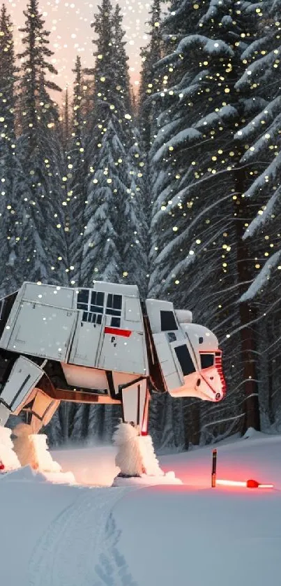 Futuristic AT-AT walker in snow-covered forest landscape.