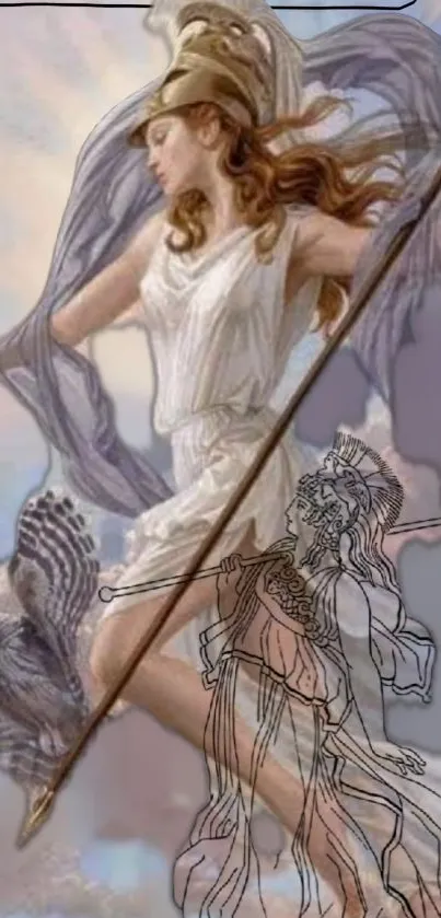 Mobile wallpaper featuring Athena in a classic Greek art style.