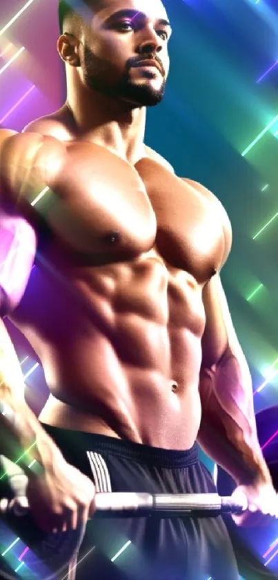 Muscular man lifting barbell against colorful backdrop.