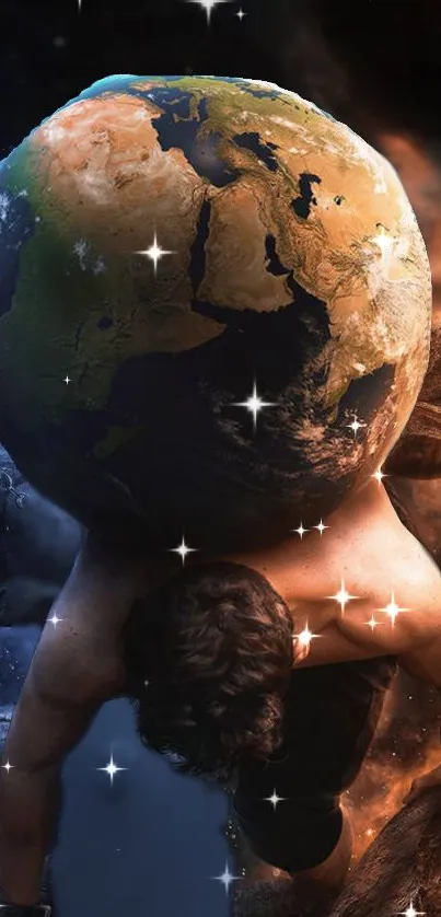 Atlas holding Earth with stars in cosmic background.