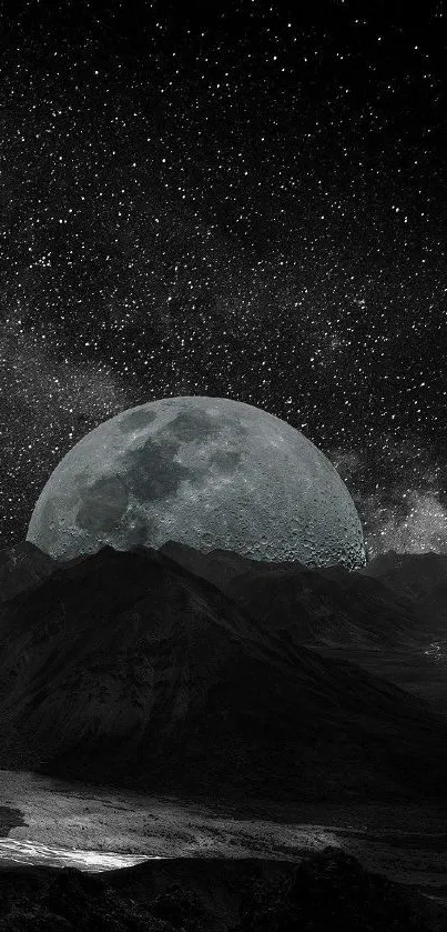 Black and white wallpaper of a moonlit mountain under a starry sky.