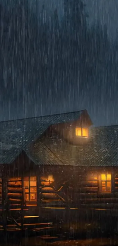 Cozy cabin illuminated in the rain at night.